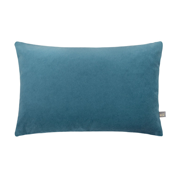 Teal velvet scatter cushion with knife edge finish, 40x60cm.