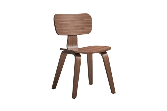 Retro-inspired wooden dining chair in walnut veneer.
