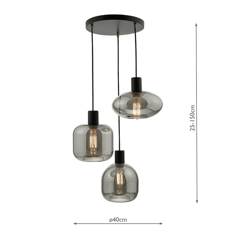 Aiden 3 Light Cluster Pendant Black - Black Smoked Glass Lighting