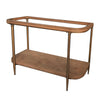 Alana console table with bronze-toned frame, wood surfaces, open top rail and lower shelf