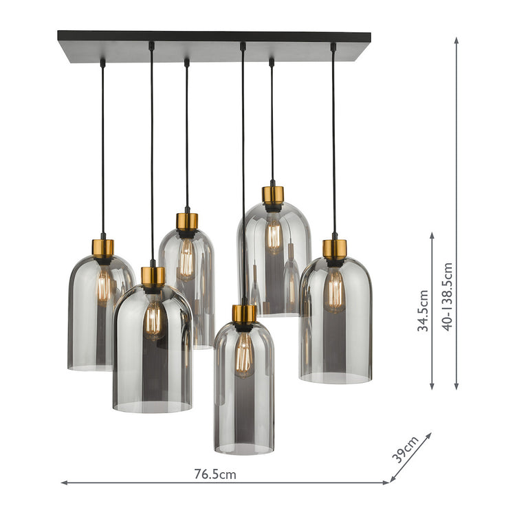 Alma 6 Light Bar Pendant Matt Black - Smoke Glass Ceiling Lamp