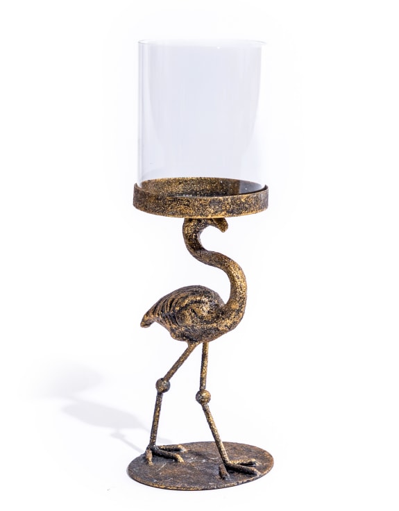 Antiqued Flamingo Candle Holder with Glass Cover