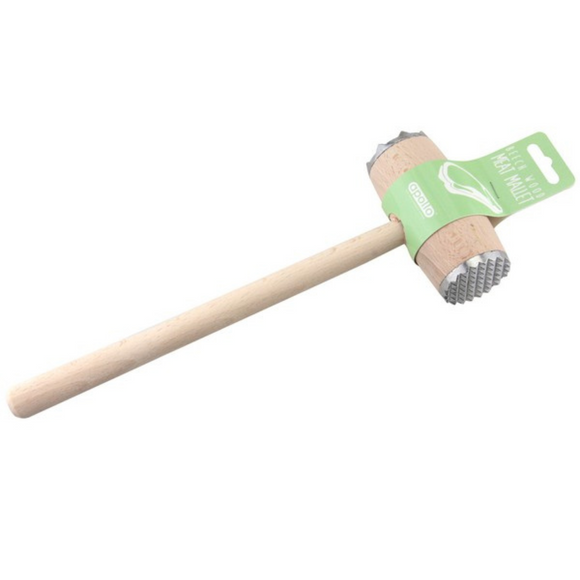 Efficient meat mallet with dual metal heads.