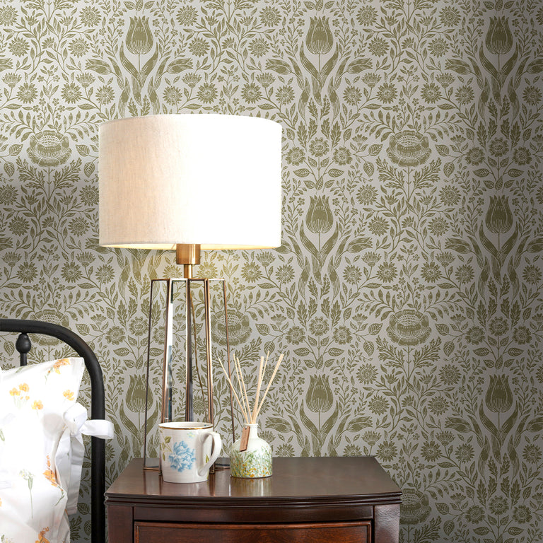 Laura Ashley Ashstead Damask Wallpaper - Damask Wallpaper Hedgerow Green Floral