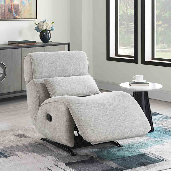 Avebury Recliner Rocker Armchair Linen life style photo with reclined seat