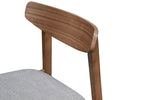 Solid wood dining chairs in walnut and fabric seat.
