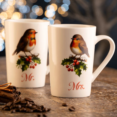Aynsley Mr & Mrs Robin Latte Mugs Pair – Christmas Robin Mugs Set