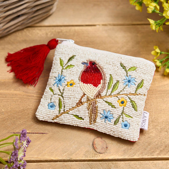 Beaded Robin Pouch with tassel on a zip