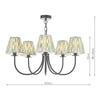 Becca 5 Light Armed Pendant Matt Black with Green Shades with dimensions