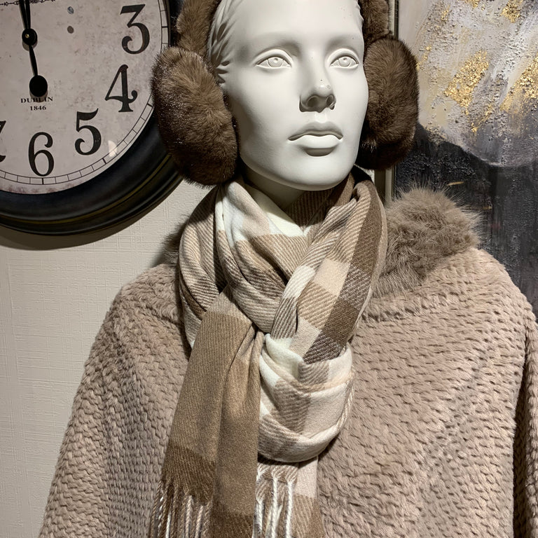 Beige Checkered Scarf – Oversized Tartan Beige Scarf | Gift for Her