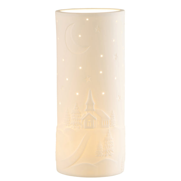 Infuse your home with the warm glow of the Belleek Living Church Scene Luminaire. 