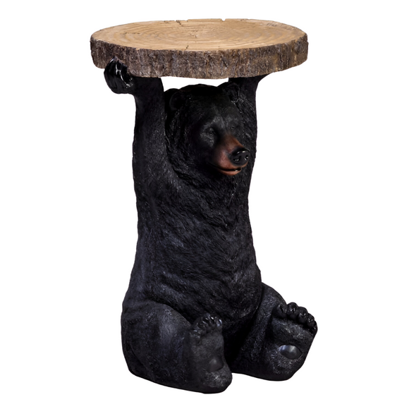 Unique black bear side table with tree trunk slice top.