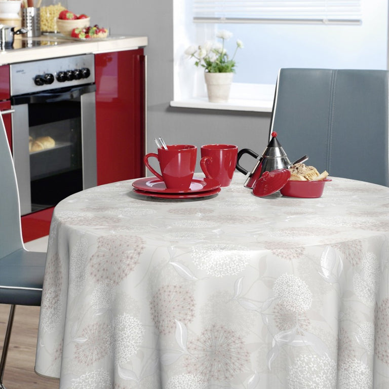 Bonita Dandelion Round 160cm Grey Wipe Clean Tablecloth for Dining Use Protective Indoor Fabric