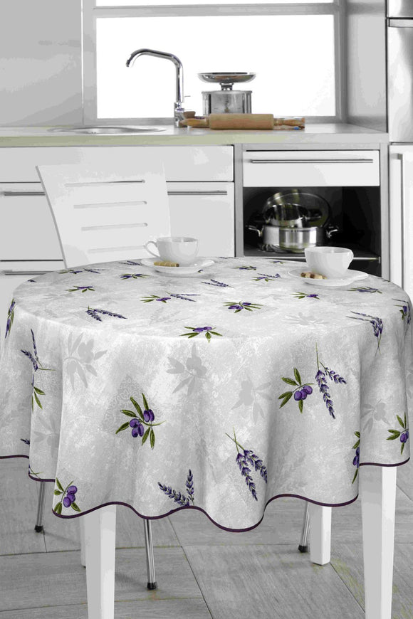 Bonita Lavender Sprigs Oilcloth Round 160 cm living style photo in the kitchen.