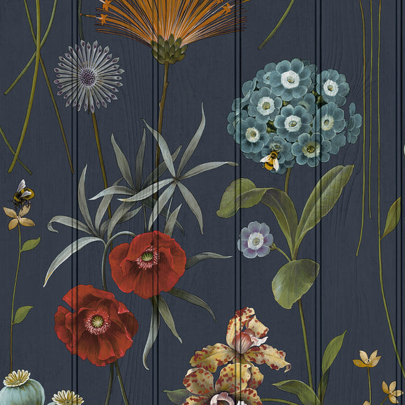 Belgravia Botanist Wood Panel Wallpaper Blue close view picture of floral pattern