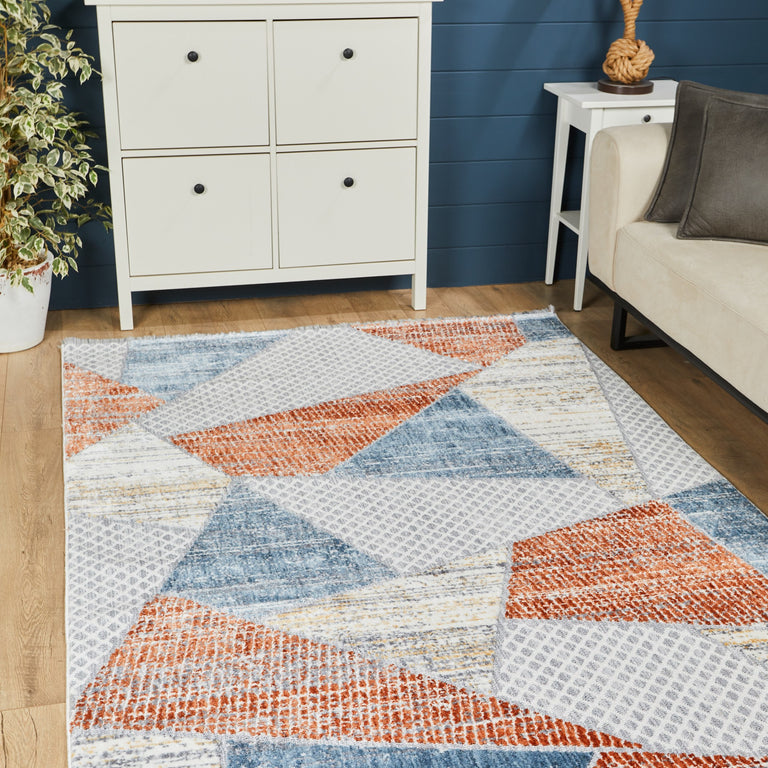 Broadway Geometric Rug - 5293A Blue & Rust