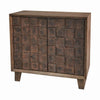Brooke 2 door cabinet in warm brown wood tones with carved geometric door fronts