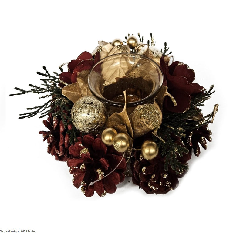 Centerpiece 1 Tealight Holder Red Cone And Gold Baubles 16 cm