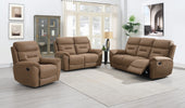 Canterbury 3 Seater Sofa Recliner Sand life style photo with armchair and 2 seater sofa