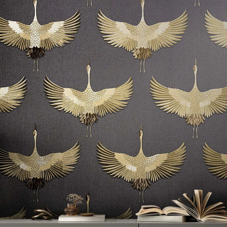 Canvas Black and Gold Crane Wallpaper