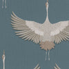 Canvas Green and Gold Crane Wallpaper hung in a styled room setting
