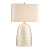 Capiz tall table lamp with iridescent natural base and neutral fabric shade