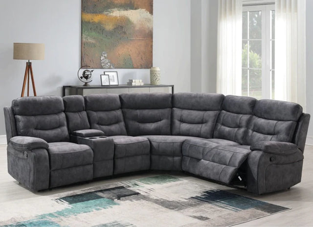 Carrie Corner Sofa Recliner Dark Grey with Storage Console – Fabric Sectional Corner Couch