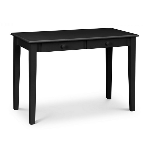 Contemporary office desk with a sleek black finish.