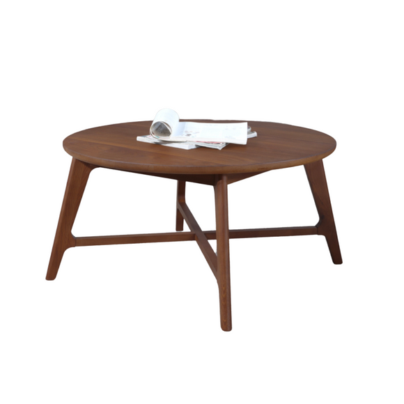 Sleek modern walnut round coffee table, a stylish addition to your living space.