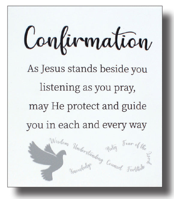 Religious confirmation gift featuring a dove and prayer