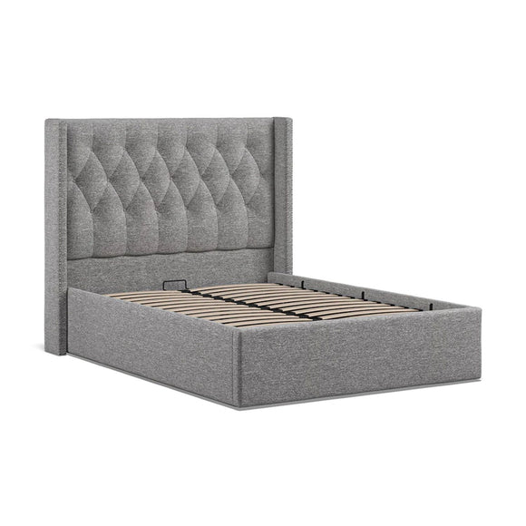 Double bed with convenient ottoman storage.