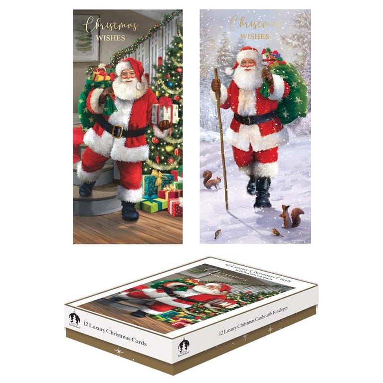 Christmas Cards 12 Slim Boxed Traditional Santa