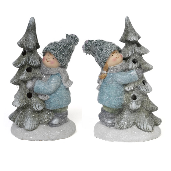 Elevate your holiday decor with an assortment of Blue Girl and Boy figurines, each holding a tree adorned with LED lights. Add a touch of festive whimsy and illumination to your space with these delightful and heart-warming holiday decorations. 