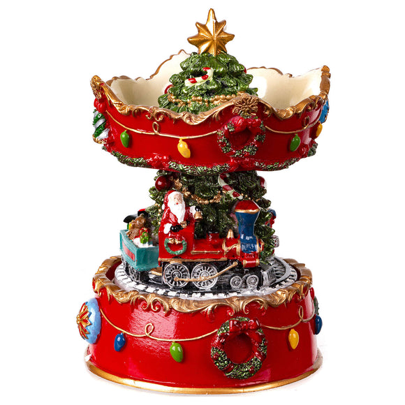 Elevate your holiday decor with the Christmas Carousel Music Box featuring Santa Claus and a Train. Add a touch of festive enchantment and music to your space with this delightful and whimsical holiday decoration. 