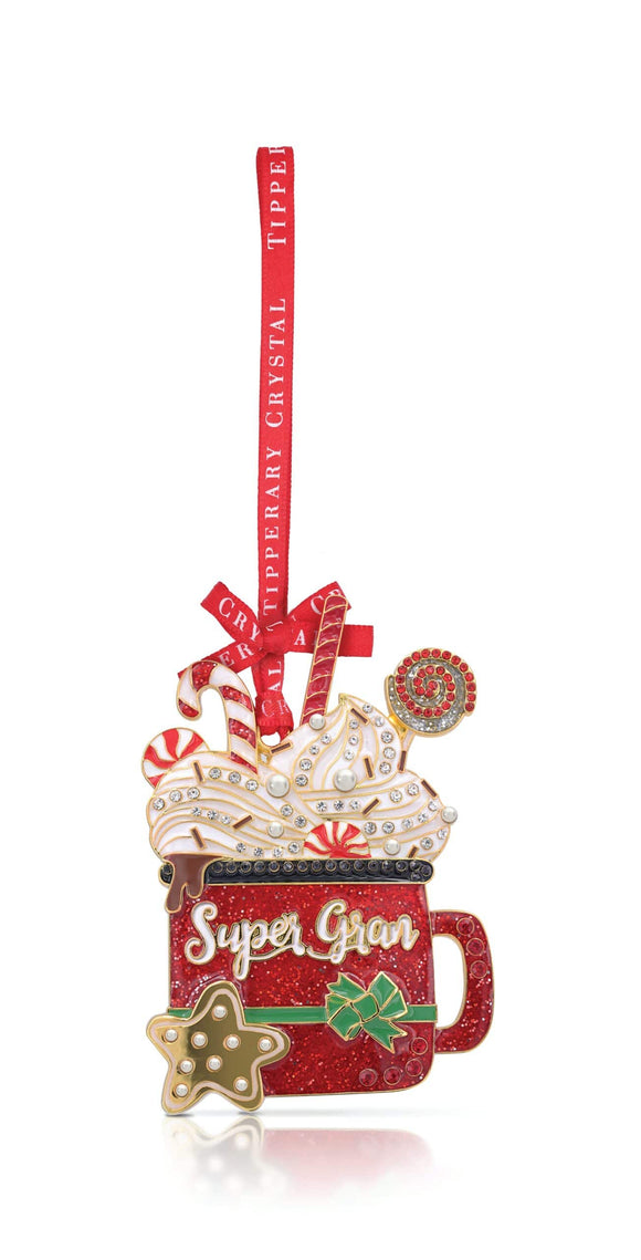 Elevate your holiday decor and celebrate your grandmother with the Tipperary Crystal Christmas Decoration that reads 'Super Gran.' Embrace the festive spirit and express your love and admiration for your gran with this heartfelt ornament. 