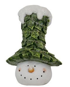 Add a touch of festive whimsy and charm to your space with this delightful and decorative snowman figurine wearing a top hat shaped like a Christmas tree.
