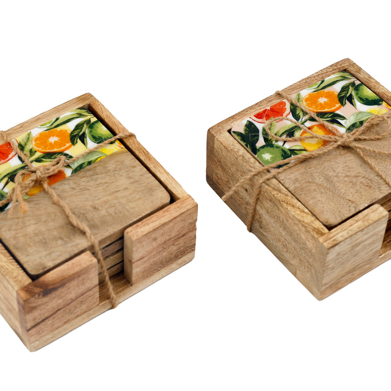 Citrus Enamel Coasters Set of 4 - Mango Wood Dining Coasters