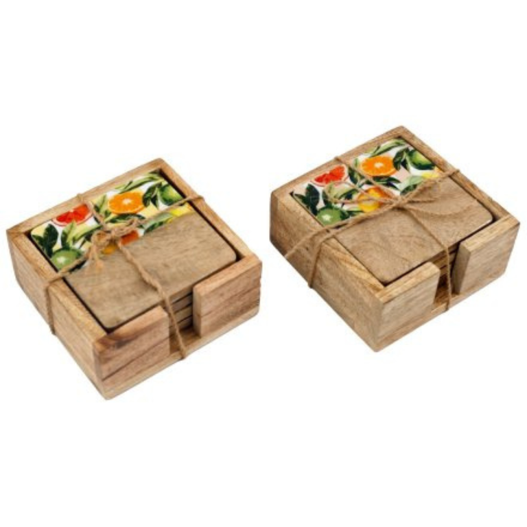 Citrus Zest Enamel Coasters Set of 4 - Citrus Zest Mango Wood Coasters