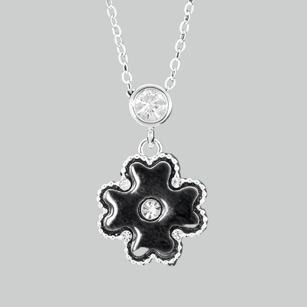 Clover Mother of Pearl Crystal Silver Plated Necklace Black