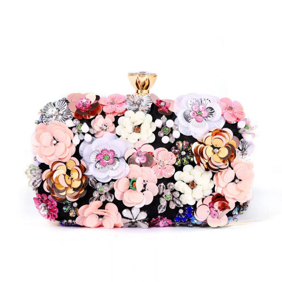 Hand craft floral embellished clutch bag in black with delicate details