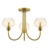 Cognac 3 Light Semi-Flush Satin Gold and Champagne Ribbed Glass  with glass shades
