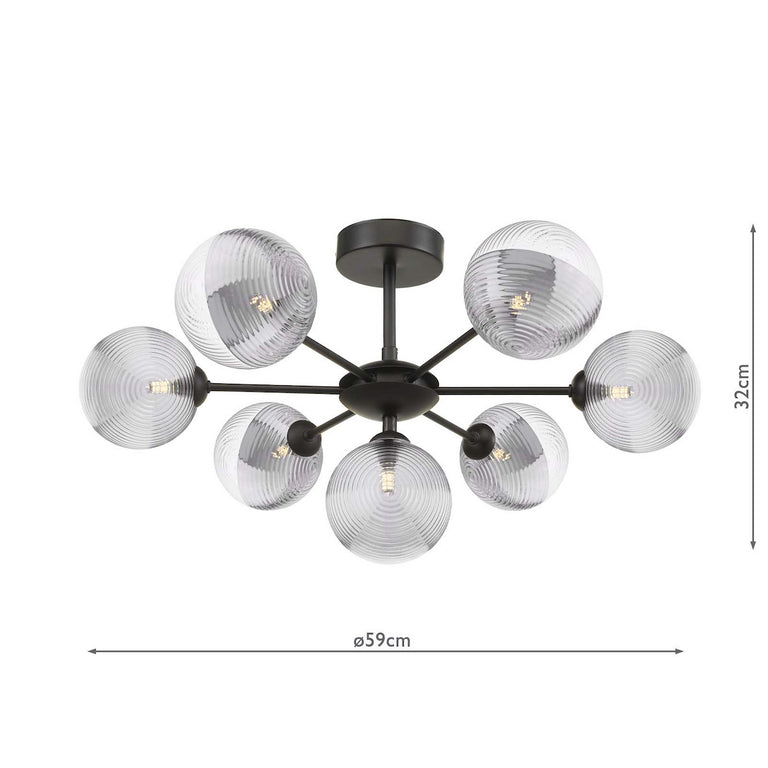 Cohen 7 Light Pendant Black With Smoke/Clear Ribbed Glass - Lighting
