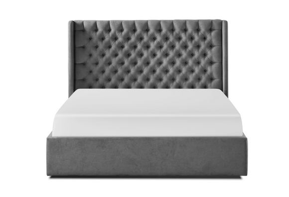 Plush velvet super king ottoman bed in grey
