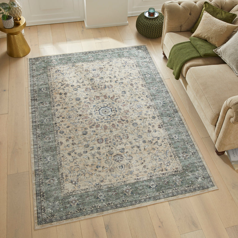 Concept Looms Liberty Classic Damask Rug – Cream Green Washable Rug
