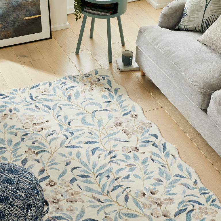 Concept Looms Liberty Floral Rug Ivory Blue – Washable Designer Rug