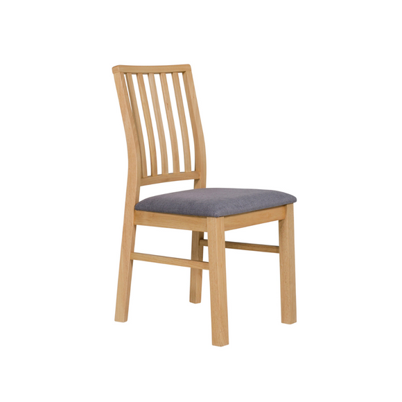 Timeless wooden dining chair with slat back design.