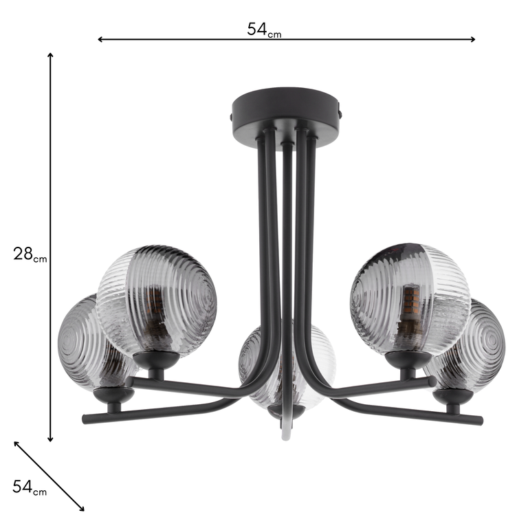 Cradle 5 Light Semi-Flush Black With Smoked/Clear Ribbed Glass - Lighting