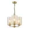 Daylin 3 Light Pendant Satin Gold and Amber Ribbed Glass with turned on light