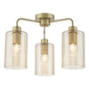 Daylin 3 Light Semi-Flush Satin Gold and Amber Ribbed Glass picture with turned on light