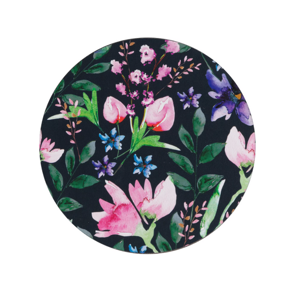Denby Dark Floral Round Coasters Pack of 6 close view on the white backing
